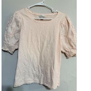 Eyelet Puff Sleeve Pink Womens Top Size M Feminine Romantic Cottagecore Boho